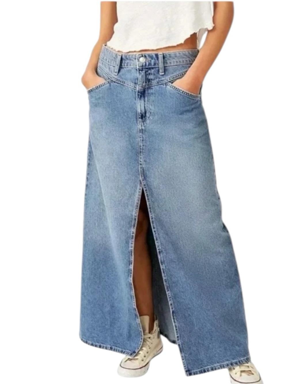 Free People Denim Maxi Skirt Size 12 NWT Come As You Are Mid Rise Blue - Picture 2 of 15